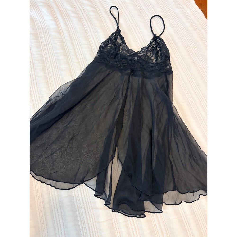 Papillon Blanc Black Lace Sheer Mesh Babydoll Chemise Lingerie Flyaway Nightgown